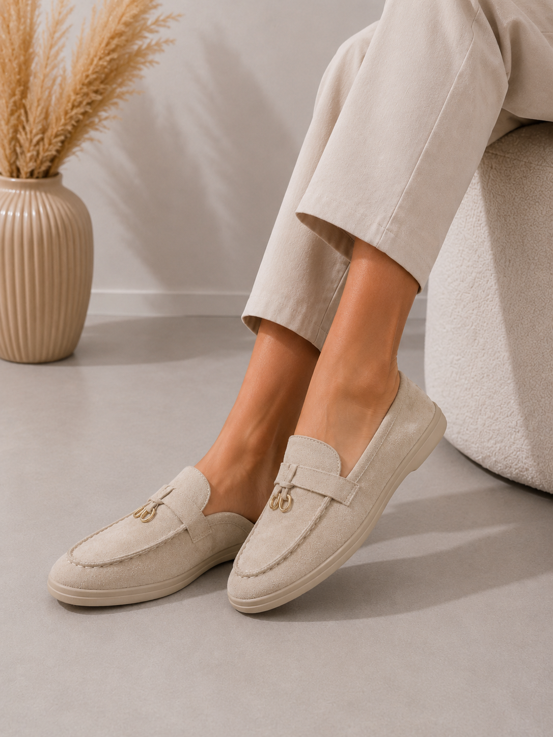 Cream Faux Suede Loafers Elegant Flat Slip On Shoes