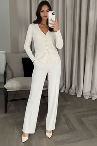 Cream Gold Button Front Long Sleeve Top & Straight Leg Pants Co-ord Set