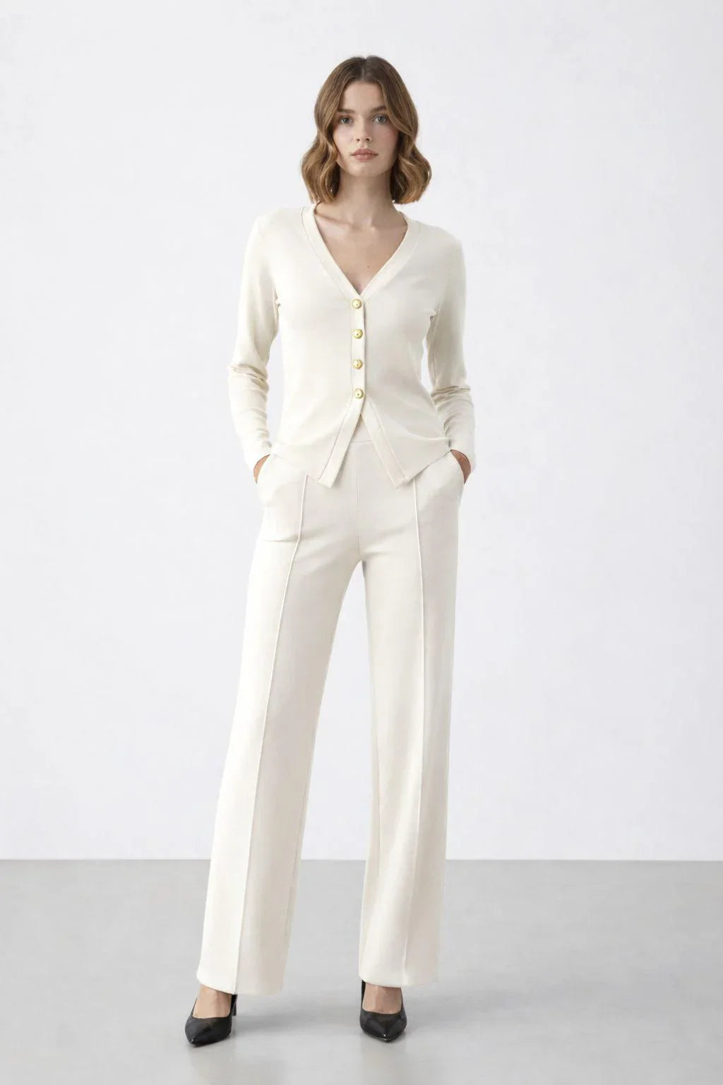 Cream Gold Button Front Long Sleeve Top & Straight Leg Pants Co-ord Set