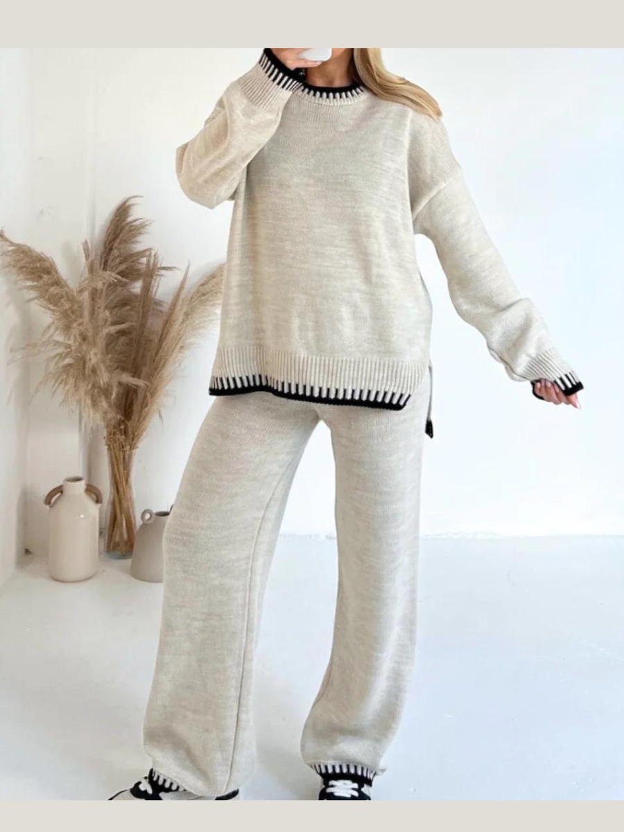 Camel Jumper & Trousers Knitted Loungewear Trim Two Piece Co-ord Set
