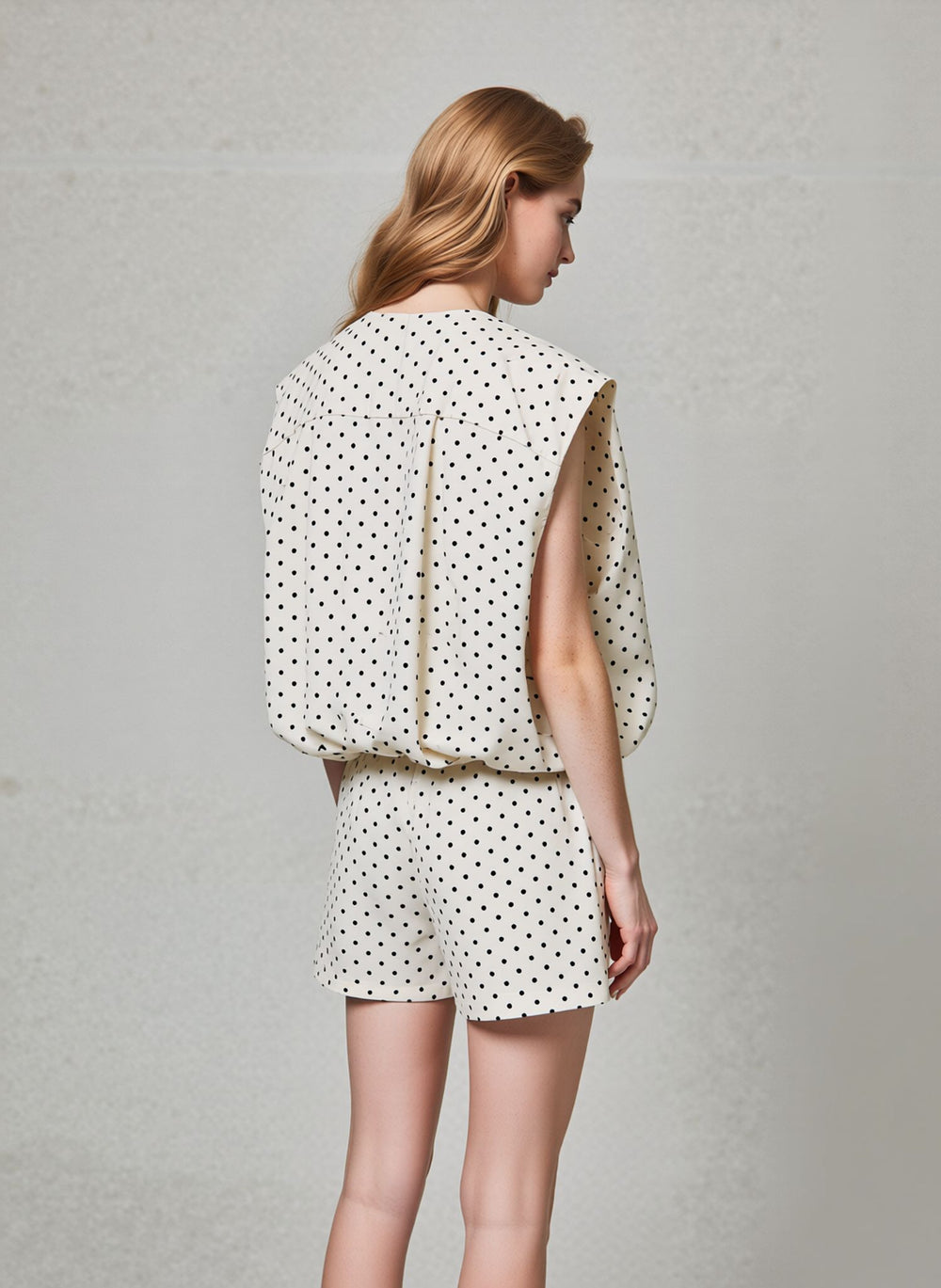 Cream Polka Dot Two-Piece Set Zip Front Sleeveless Vest & High-Waist Shorts Co-Ord Outfit