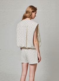 Cream Polka Dot Two-Piece Set Zip Front Sleeveless Vest & High-Waist Shorts Co-Ord Outfit