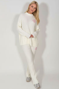 Cream Ribbed Knitted Loungewear Set