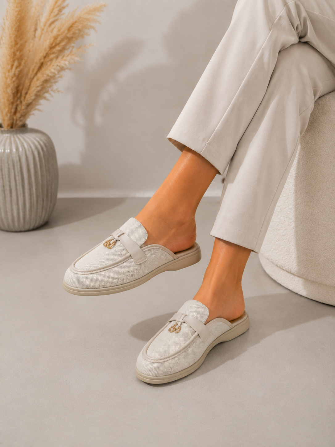 Cream Woven Backless Mule Loafers Chic Slip On Flat Shoes