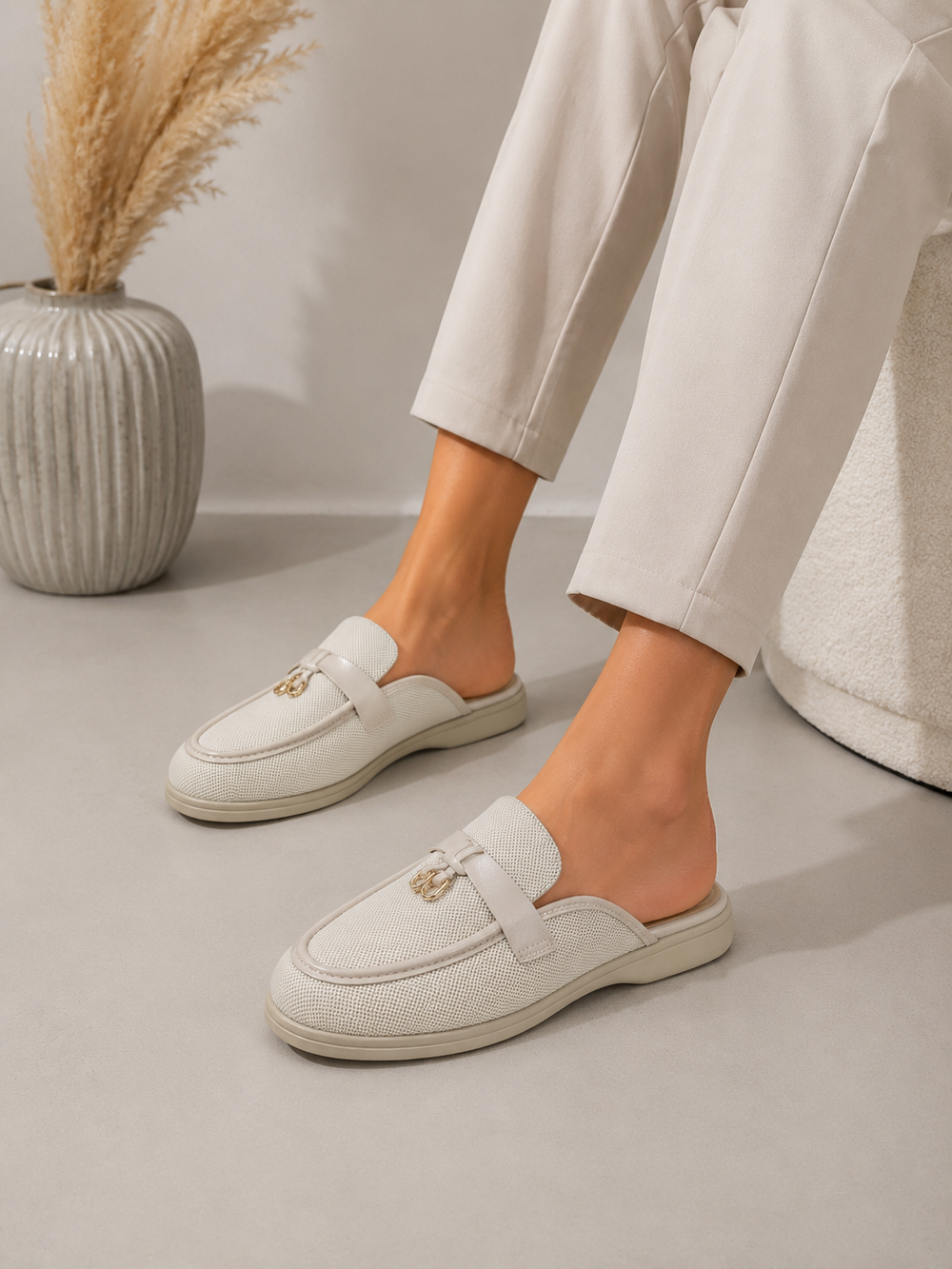 Cream Woven Backless Mule Loafers Chic Slip On Flat Shoes