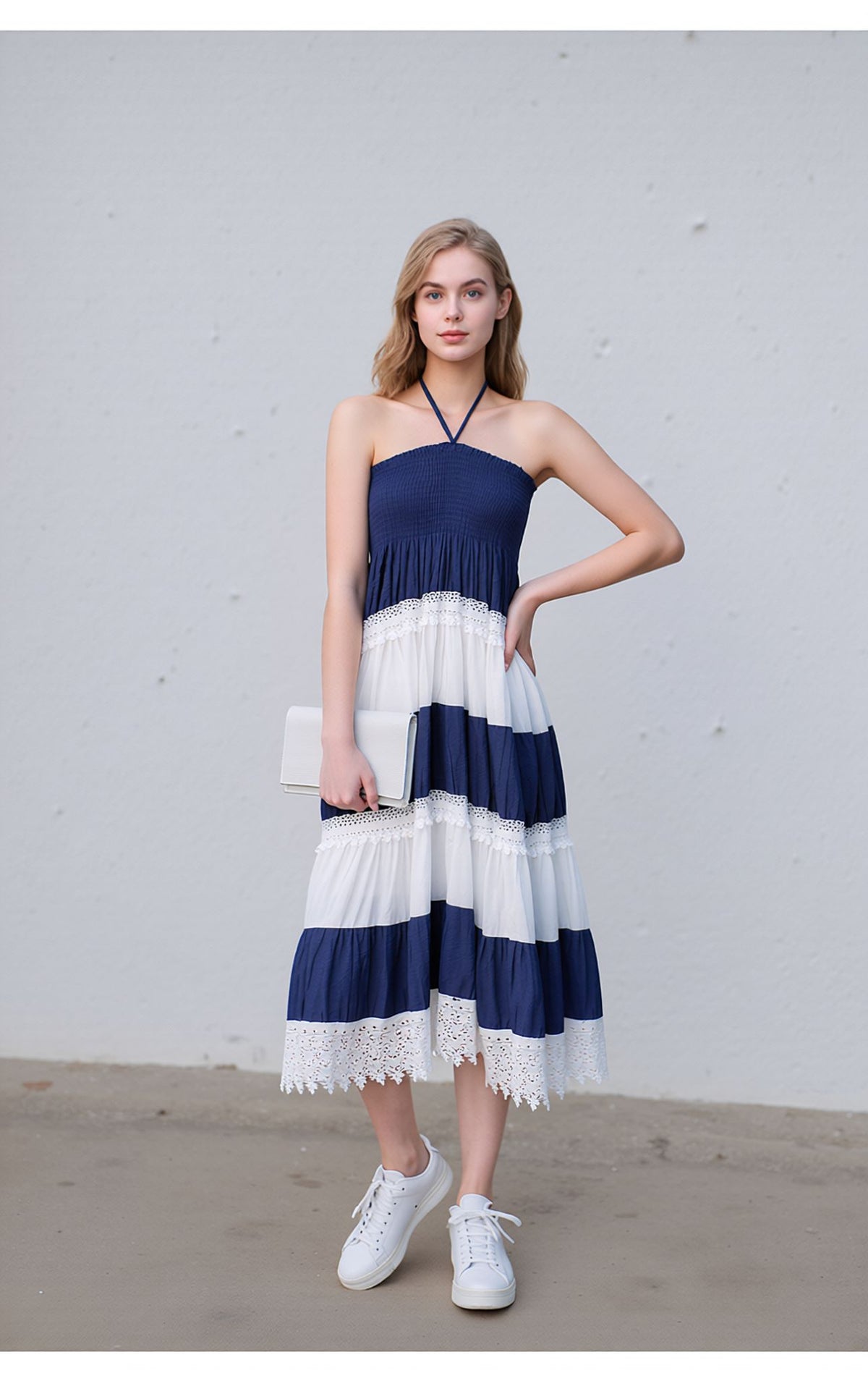 Dark Blue & White Stripe Halter Neck Smocked Midi Dress with Lace Trim