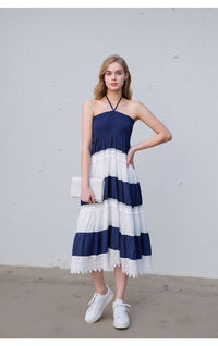Dark Blue & White Stripe Halter Neck Smocked Midi Dress with Lace Trim
