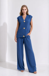 Denim Blue Crinkle Two Piece Set Gold Button Waistcoat & Wide Leg Trousers