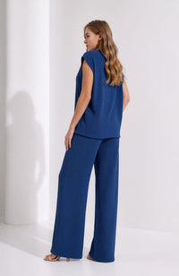 Denim Blue Crinkle Two Piece Set Gold Button Waistcoat & Wide Leg Trousers