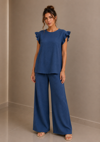 Denim Blue Textured Frill Sleeve Co-Ord Set Wide Leg Trousers Two Piece Outfit