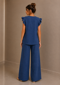 Denim Blue Textured Frill Sleeve Co-Ord Set Wide Leg Trousers Two Piece Outfit