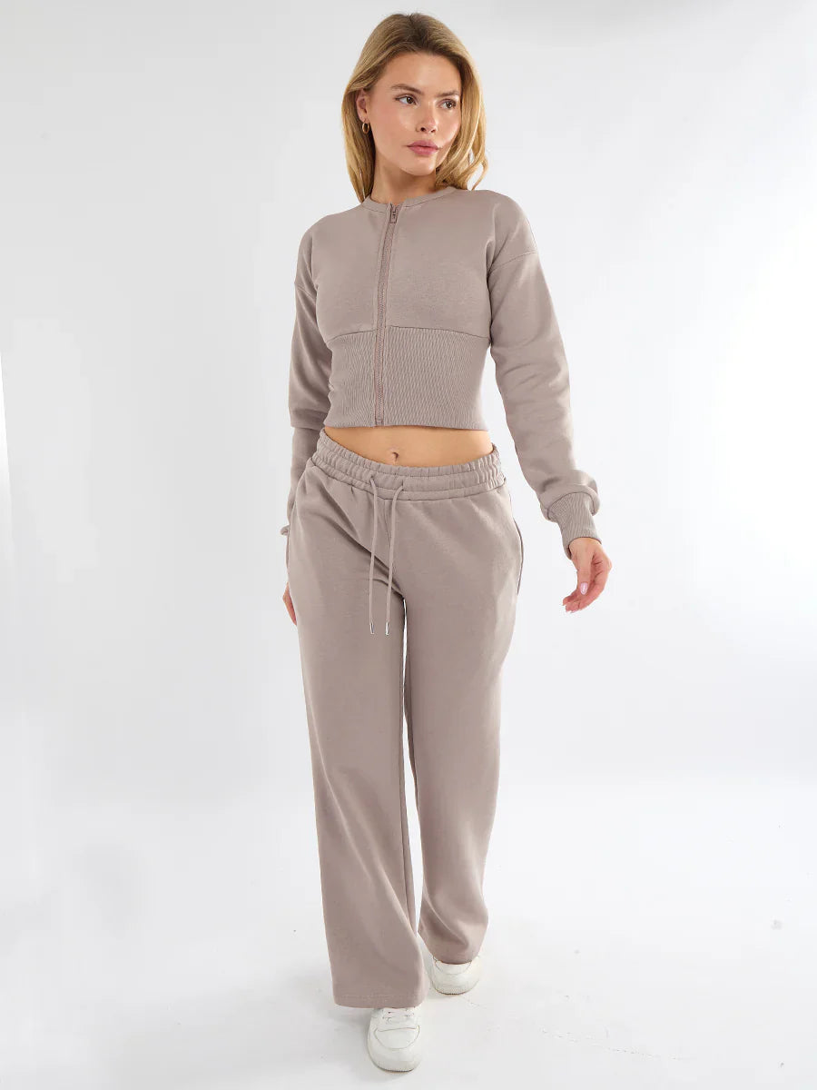 Dove Grey Cropped Zip Up Sweatshirt & Wide Leg Joggers Loungewear Tracksuit