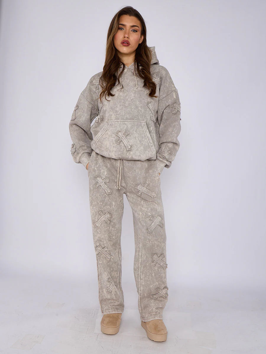 Dove Grey Front & Back Cross Acid Wash Hooded Fleece Loungewear Co-ord Set