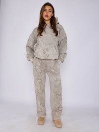 Dove Grey Front & Back Cross Acid Wash Hooded Fleece Loungewear Co-ord Set