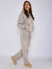 Dove Grey Front & Back Cross Acid Wash Hooded Fleece Loungewear Co-ord Set
