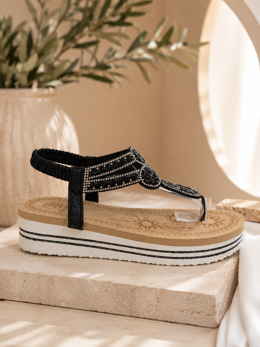 Black Toe Bar Embellished Platform Slingback Cushioned Summer Comfort Sandals