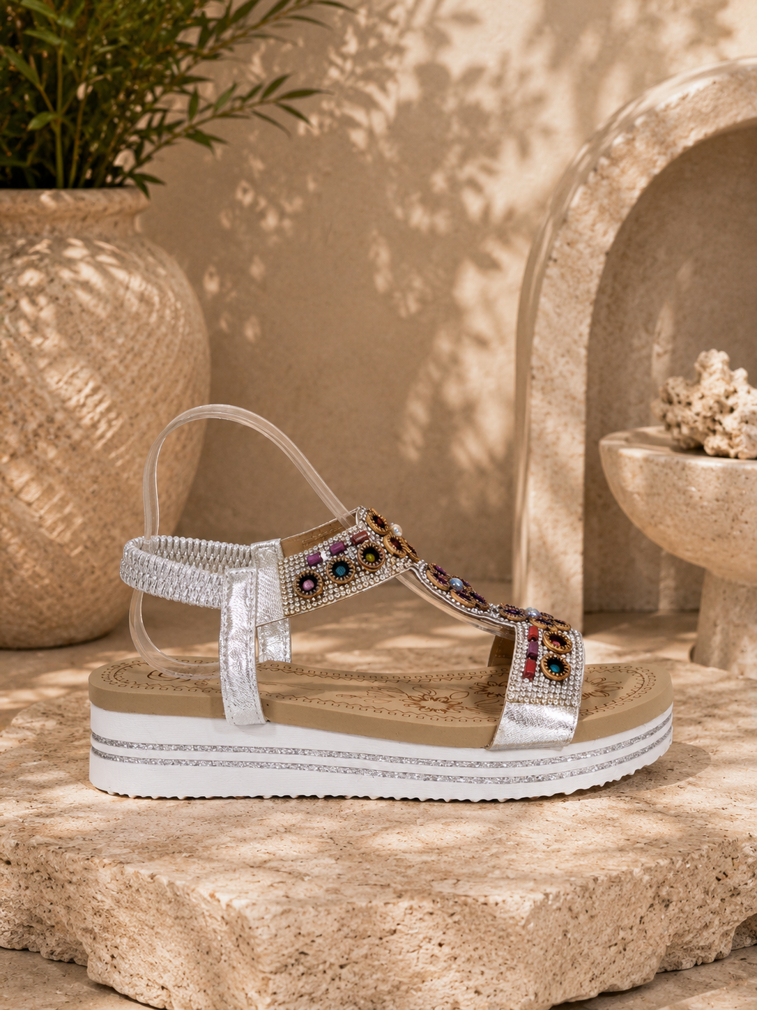 Silver Embellished Platform Slingback Cushioned Summer Comfort Sandals