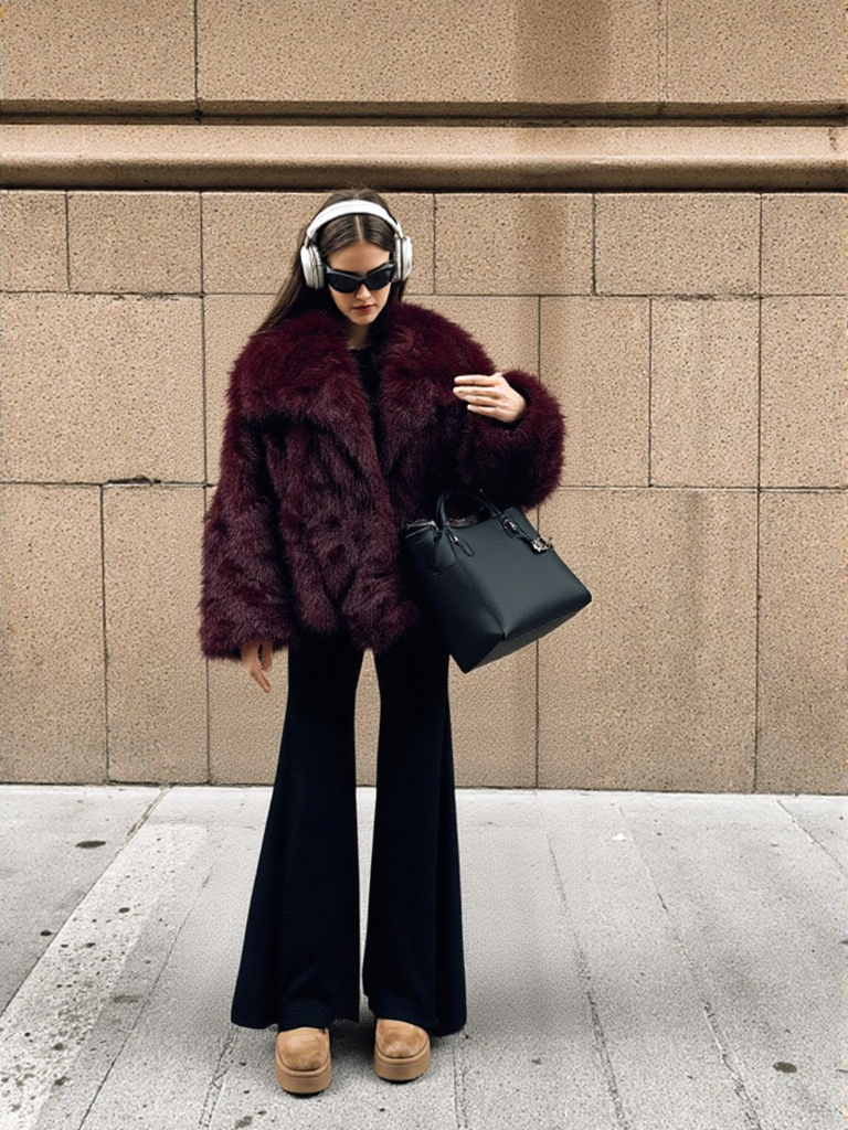 Burgundy Faux Fur Oversized Collared Coat