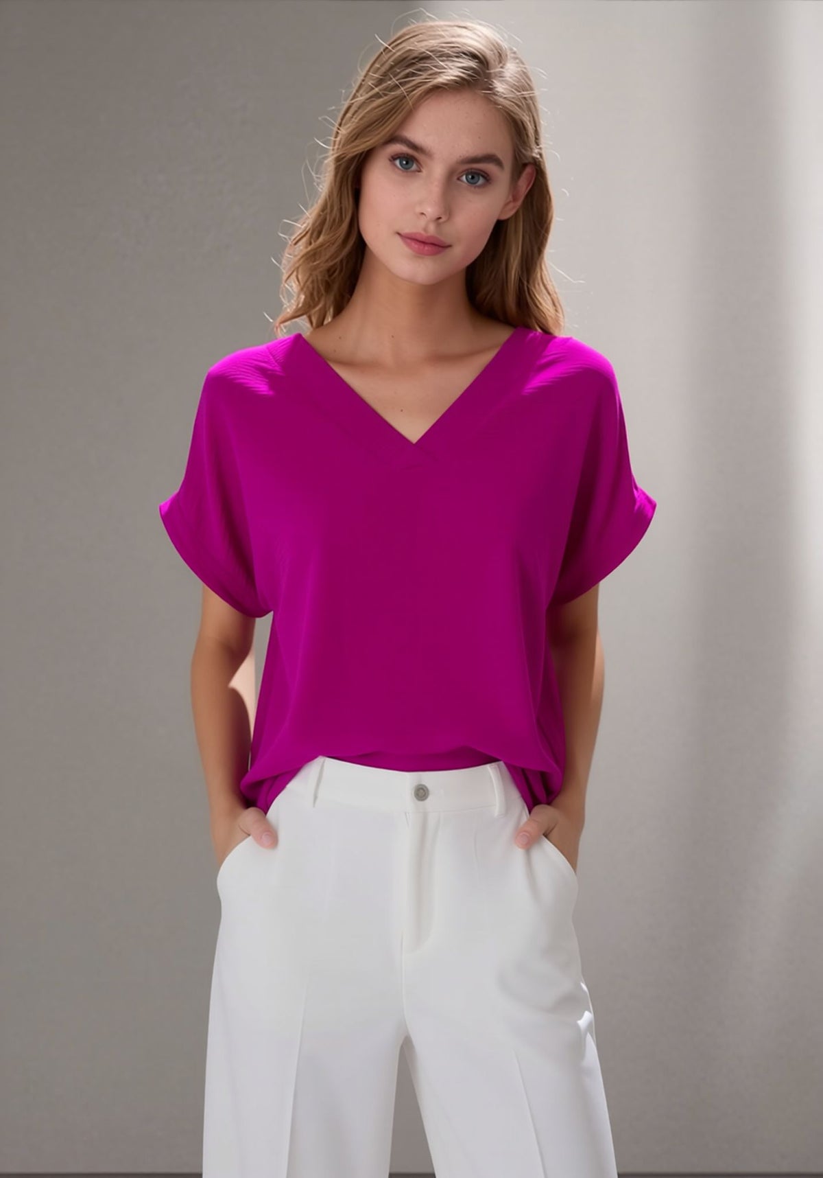 Fuchsia V-Neck Batwing Sleeve Textured Blouse Casual Loose Fit Top with Necklace