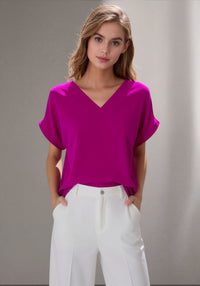 Fuchsia V-Neck Batwing Sleeve Textured Blouse Casual Loose Fit Top with Necklace