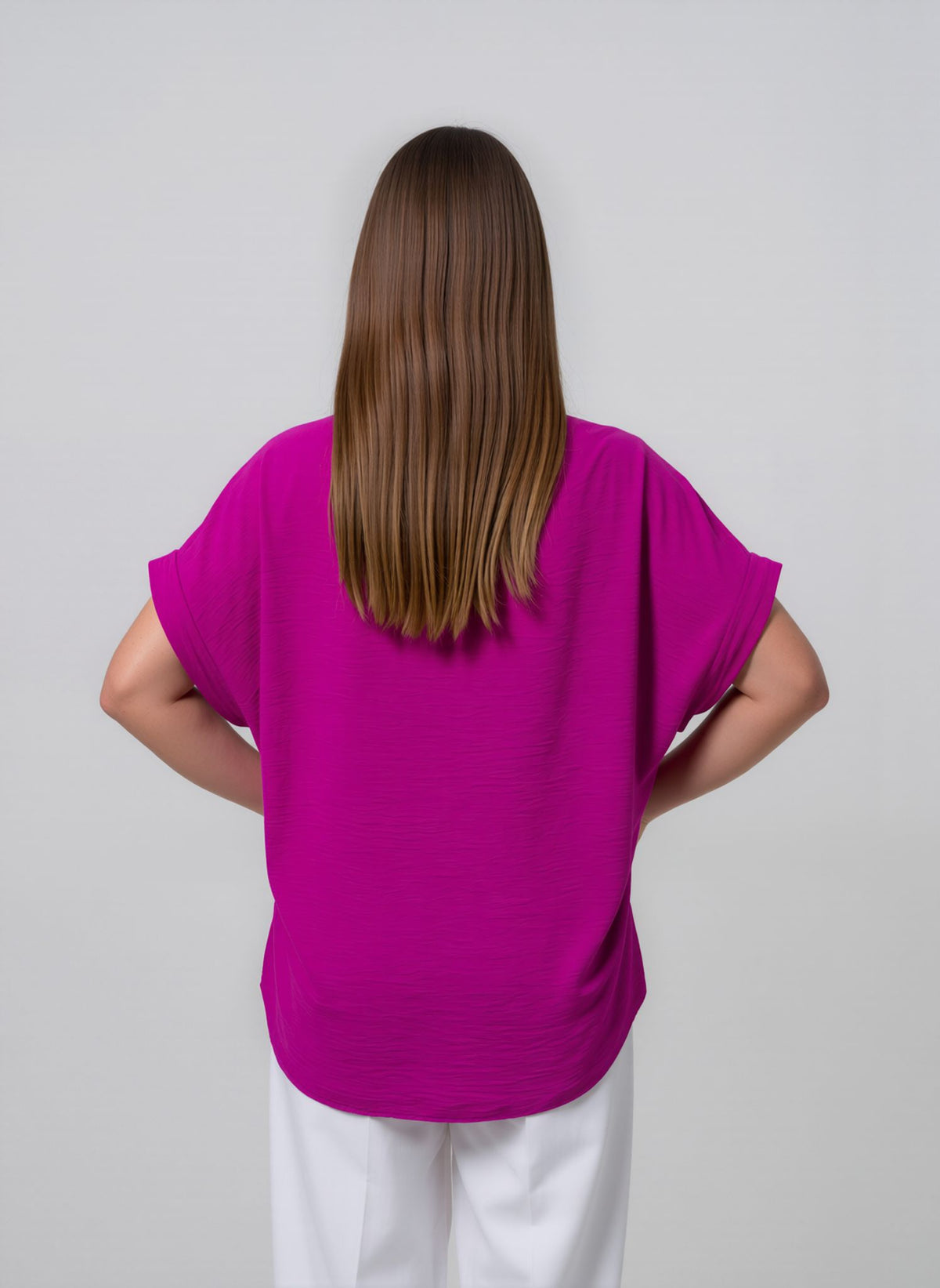 Fuchsia V-Neck Batwing Sleeve Textured Blouse Casual Loose Fit Top with Necklace