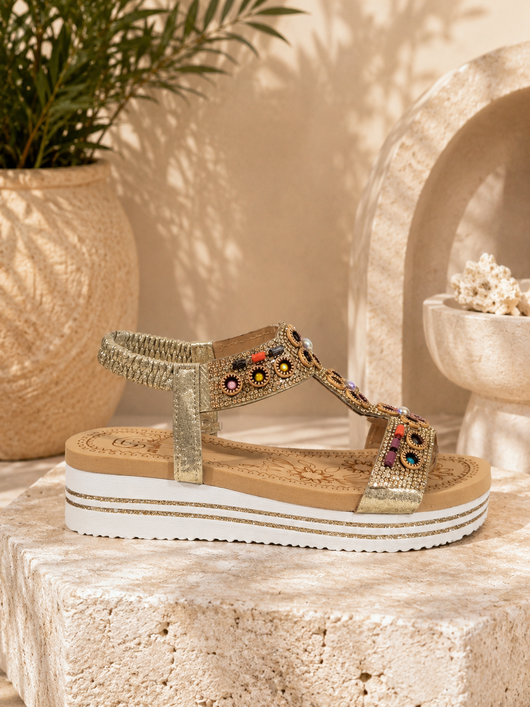 Gold Embellished Platform Slingback Cushioned Summer Comfort Sandals