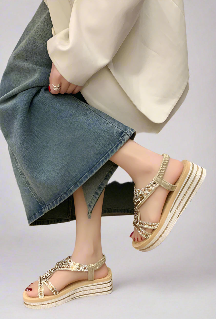 Gold Embellished Wedge Elegant Summer Platform Sandals