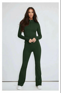 Green Contour Sculpt Flare Trousers and Zip Sports Jacket Gym Co-Ord