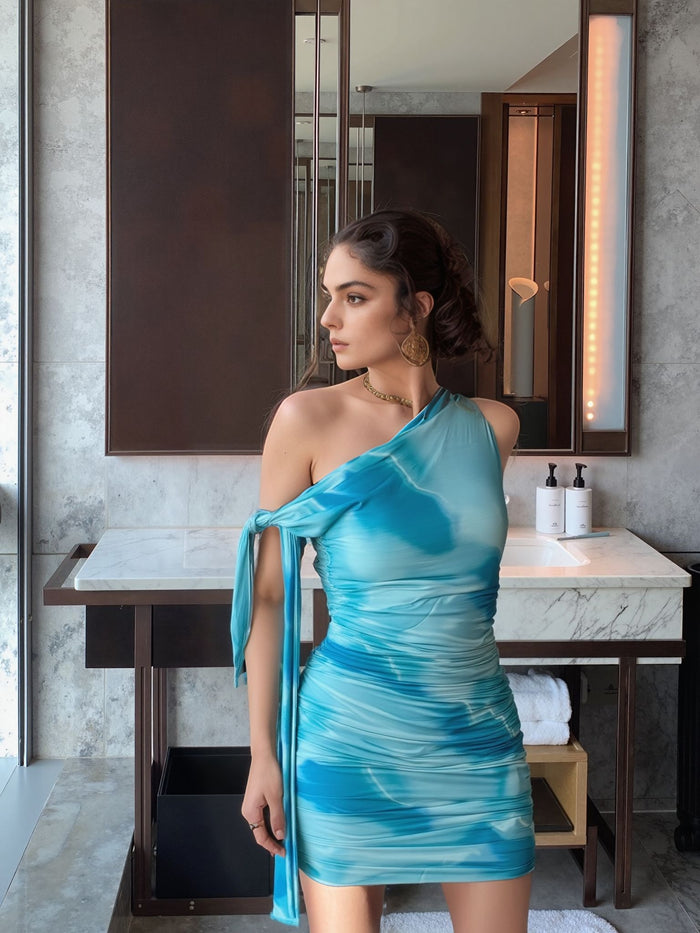 Green Swirl Marble Bodycon Ruched Mini Dress