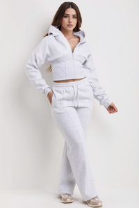 Grey Corset Cropped Zip-Up Hoodie & Wide Leg Joggers Loungewear Set