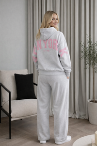 Grey Hoodie & Sweatpants Set – Oversized Fleece “New York” Lounge Tracksuit with Wide Leg Pants