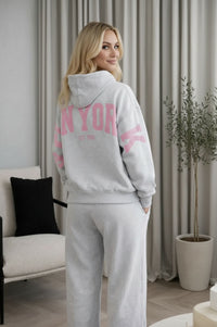 Grey Hoodie & Sweatpants Set – Oversized Fleece “New York” Lounge Tracksuit with Wide Leg Pants
