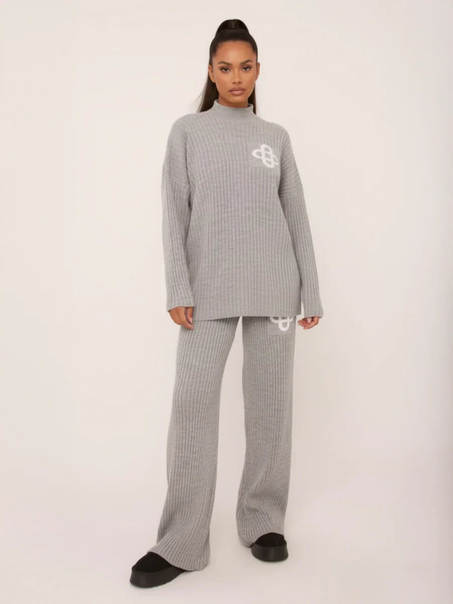 Grey Ribbed Knitted Loungewear Set