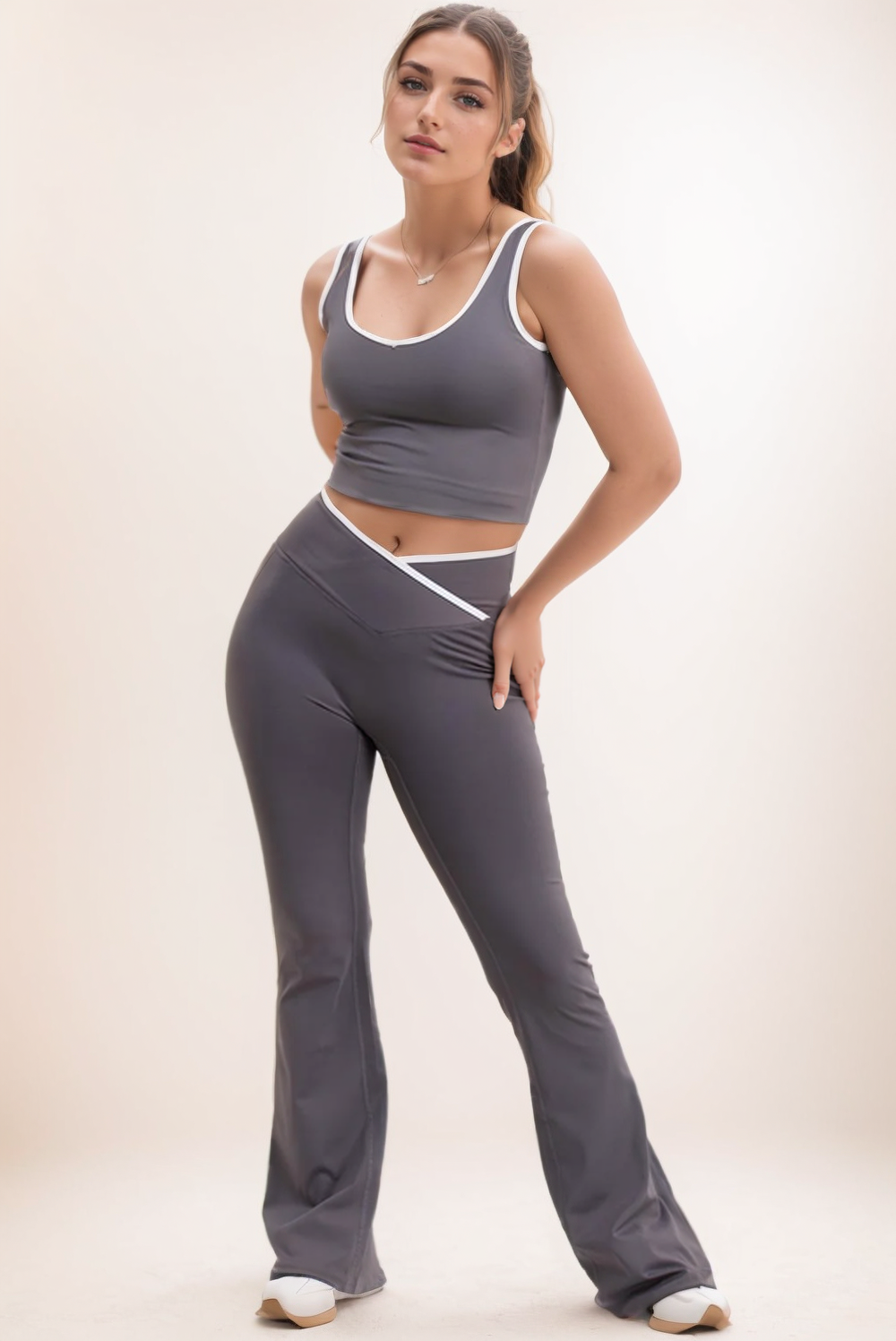 Grey Seam Detail Top & Flares Sculpt Gym Set