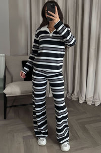 Grey Striped Collar Top and Wide Leg Trouser Co-Ord