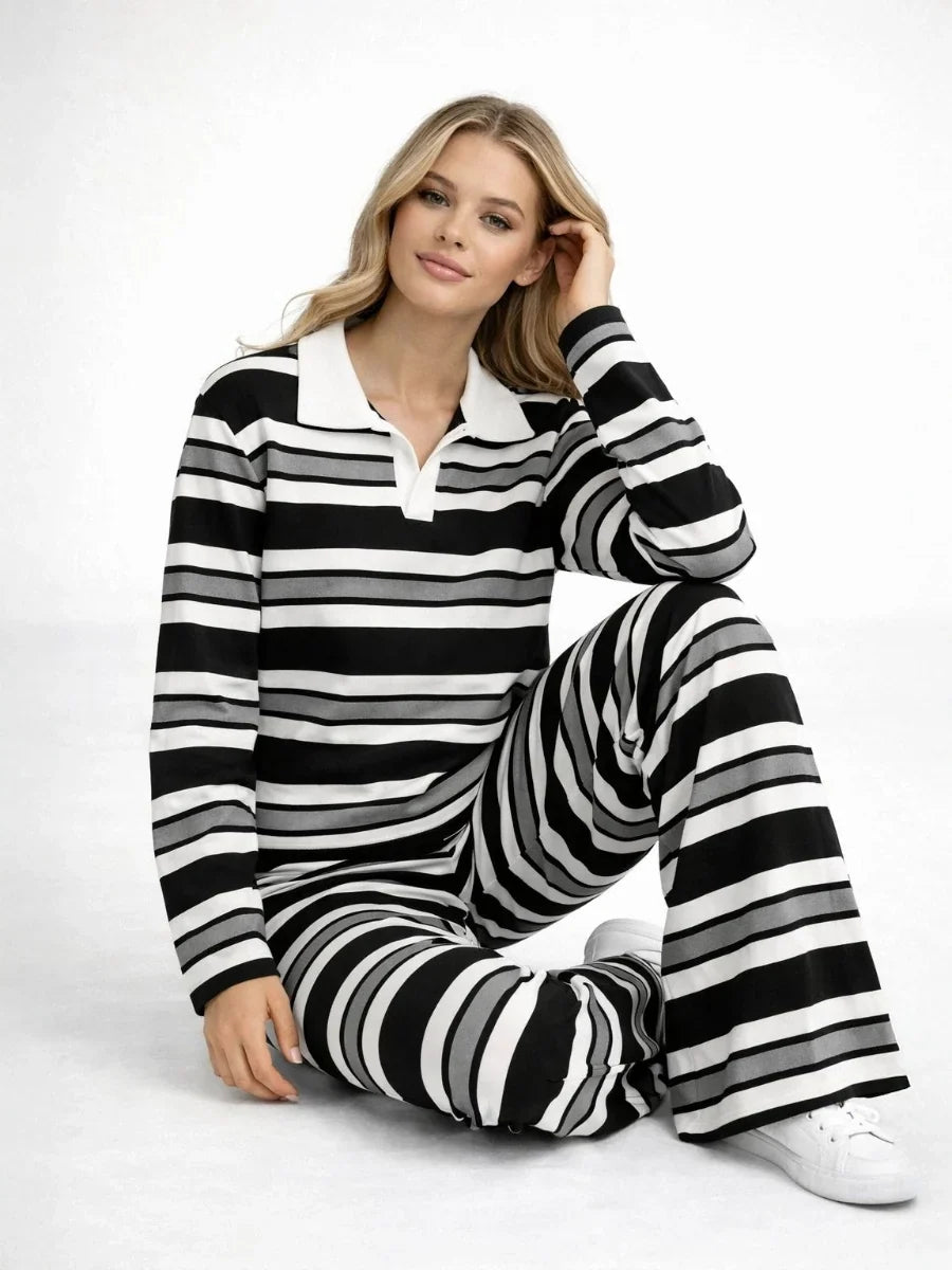 Grey Striped Collar Top and Wide Leg Trouser Co-Ord