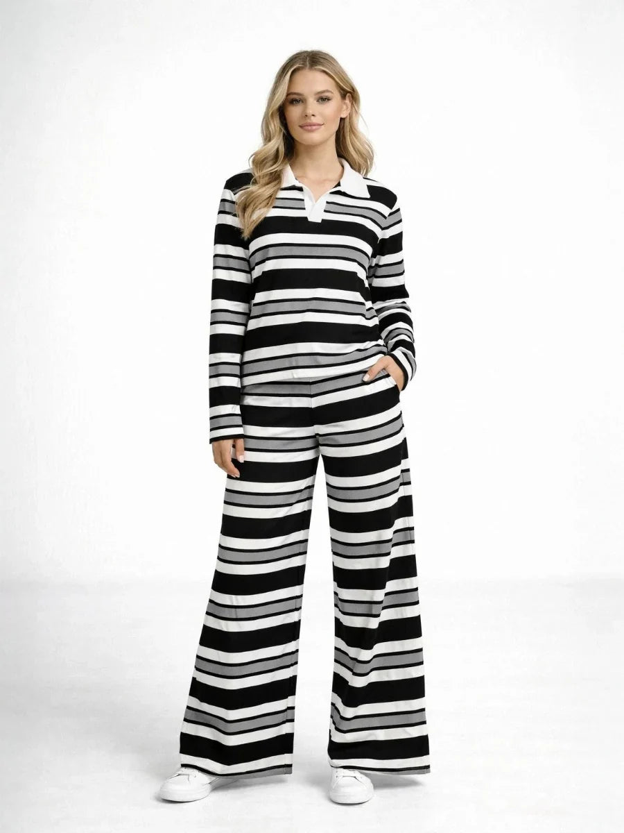 Grey Striped Collar Top and Wide Leg Trouser Co-Ord