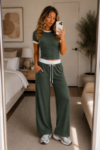 Khaki Green Contrast Trim Lounge Co-Ord Set Ribbed Crop Top & Wide Leg Trousers Casual Two Piece