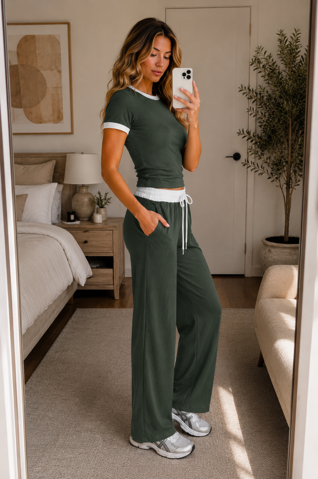 Khaki Green Contrast Trim Lounge Co-Ord Set Ribbed Crop Top & Wide Leg Trousers Casual Two Piece
