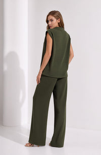 Khaki Green Crinkle Two Piece Set Gold Button Waistcoat & Wide Leg Trousers