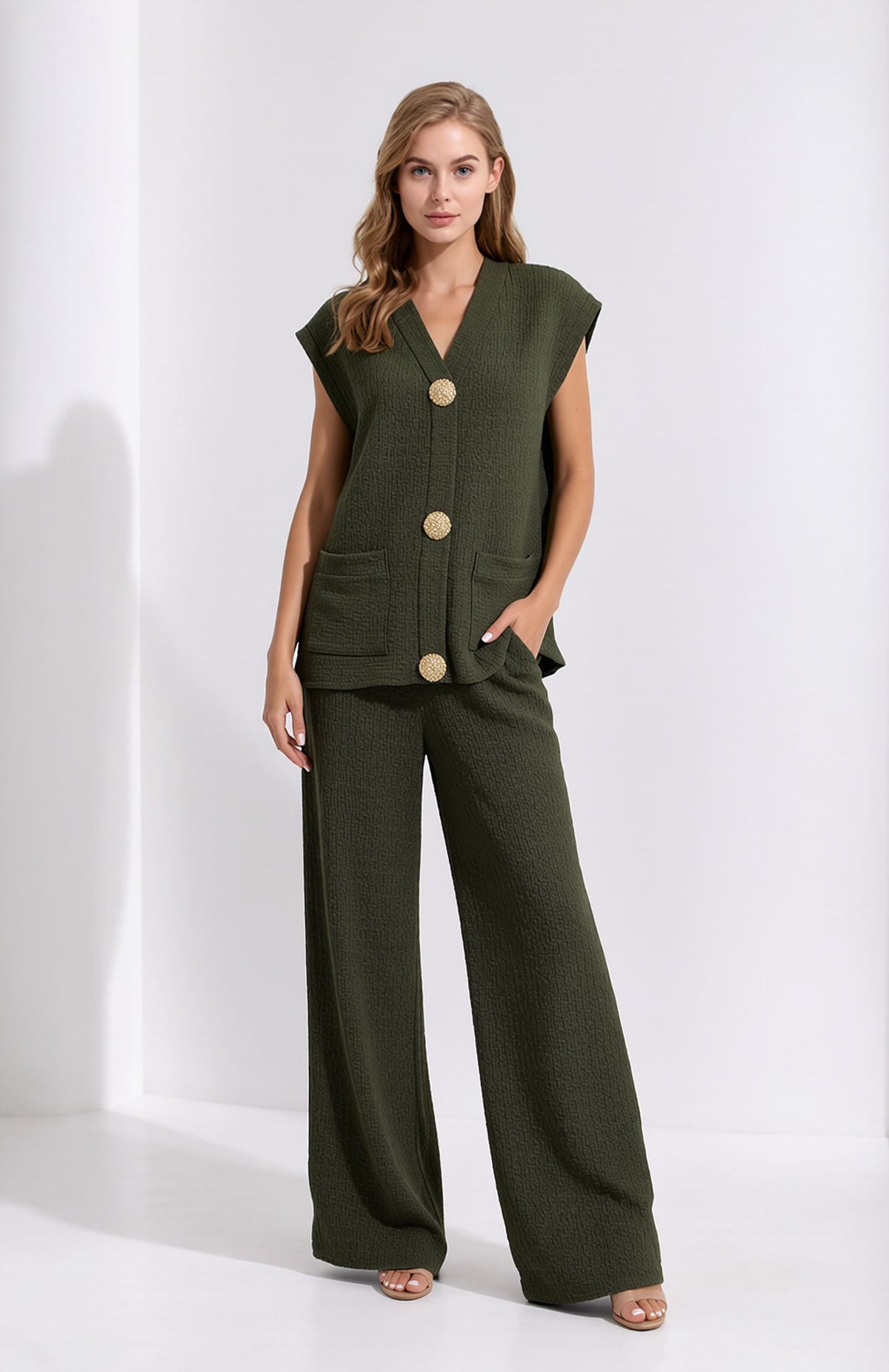 Khaki Green Crinkle Two Piece Set Gold Button Waistcoat & Wide Leg Trousers