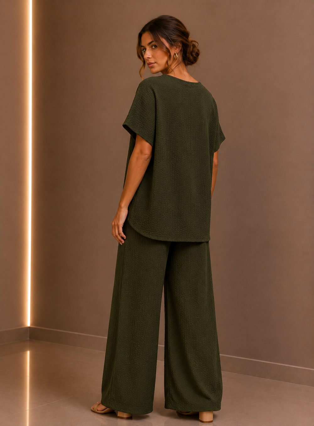 Khaki Green Draped Tunic & Wide Leg Trouser Two Piece Set