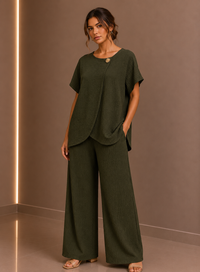 Khaki Green Draped Tunic & Wide Leg Trouser Two Piece Set