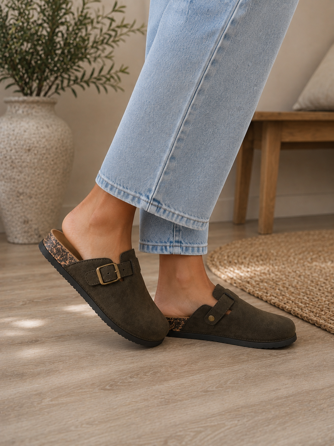Khaki Green Faux Suede Buckle Comfort Slip-On Mules Cork Footbed Casual Clogs