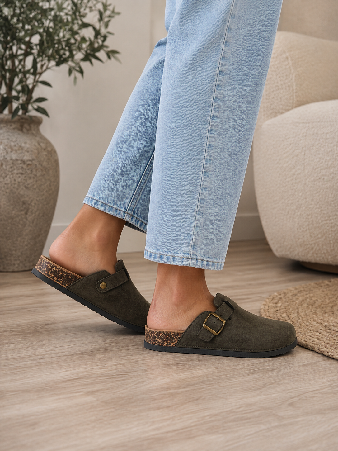 Khaki Green Faux Suede Buckle Comfort Slip-On Mules Cork Footbed Casual Clogs