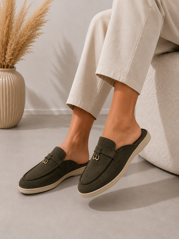 Khaki Green Faux Suede Mule Loafers Trendy Slip On Flat Shoes