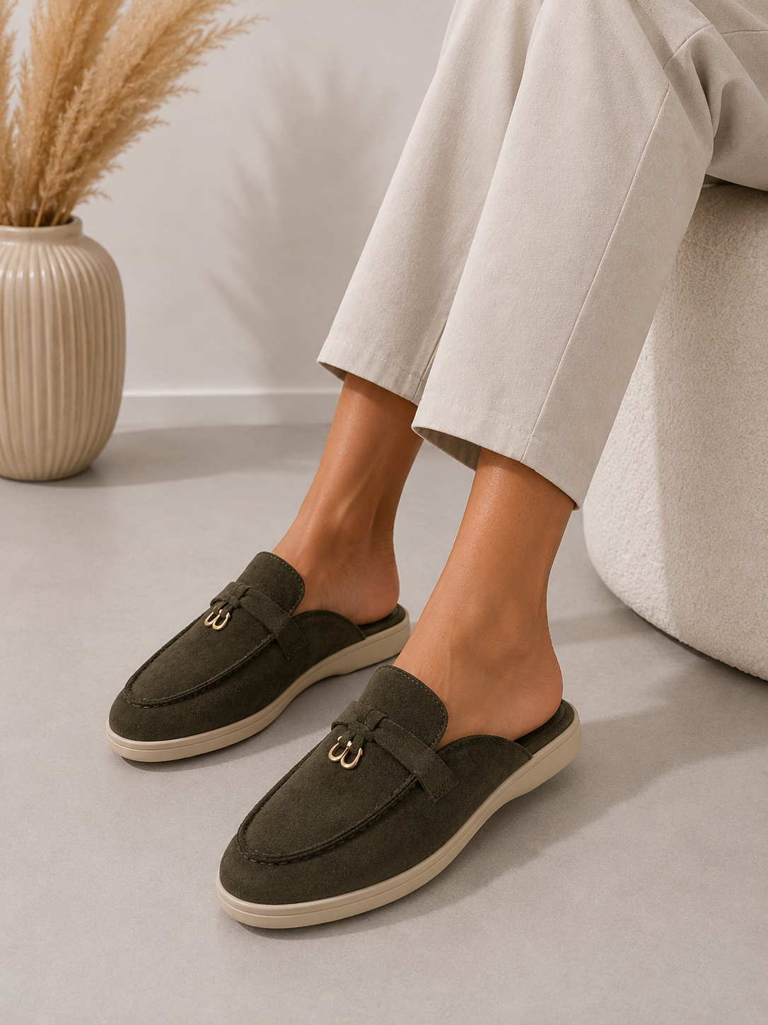 Khaki Green Faux Suede Mule Loafers Trendy Slip On Flat Shoes