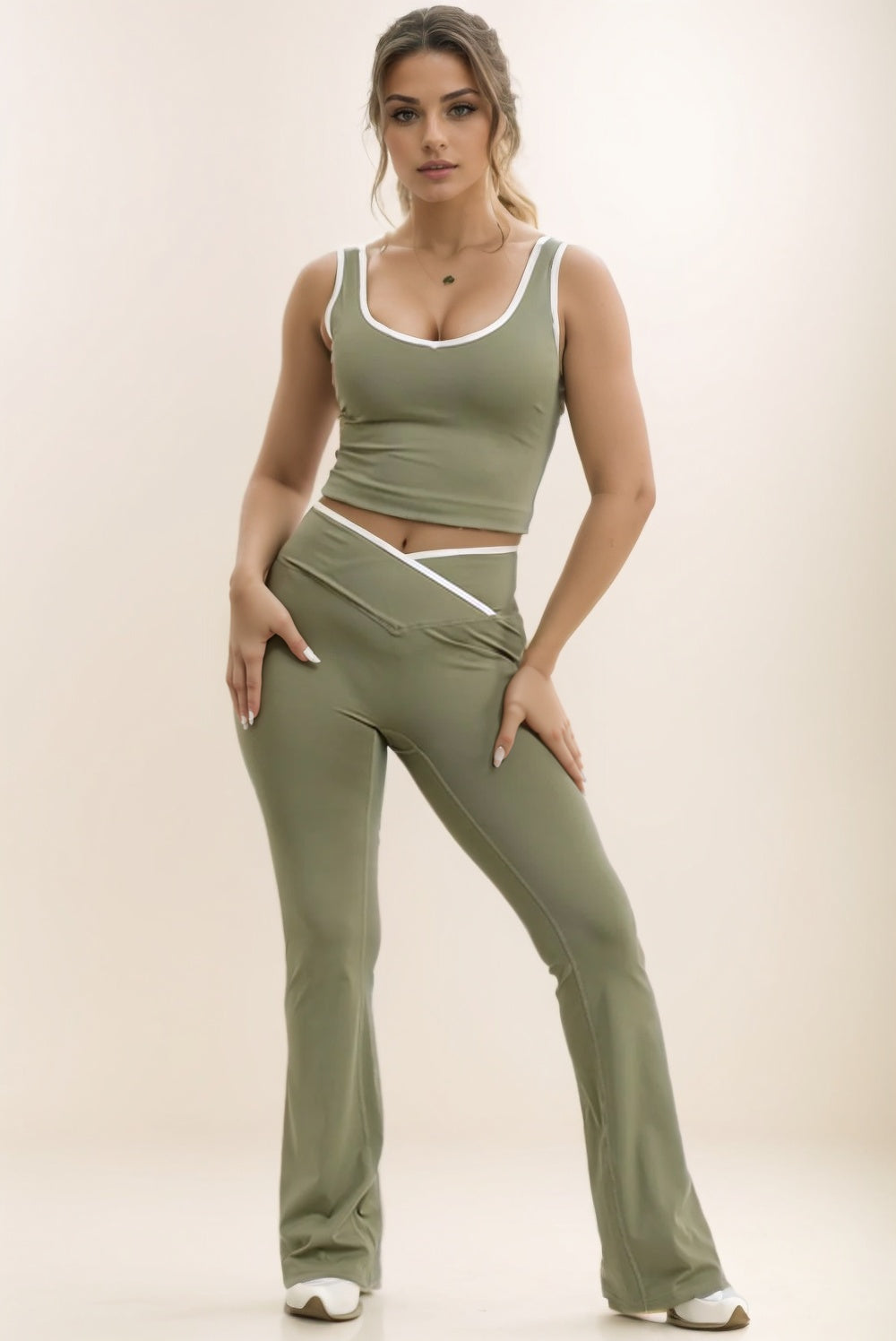 Khaki Green Seam Detail Top & Flares Sculpt Gym Set
