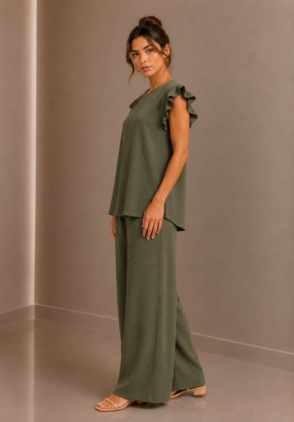 Khaki Green Textured Frill Sleeve Co-Ord Set Wide Leg Trousers Two Piece Outfit