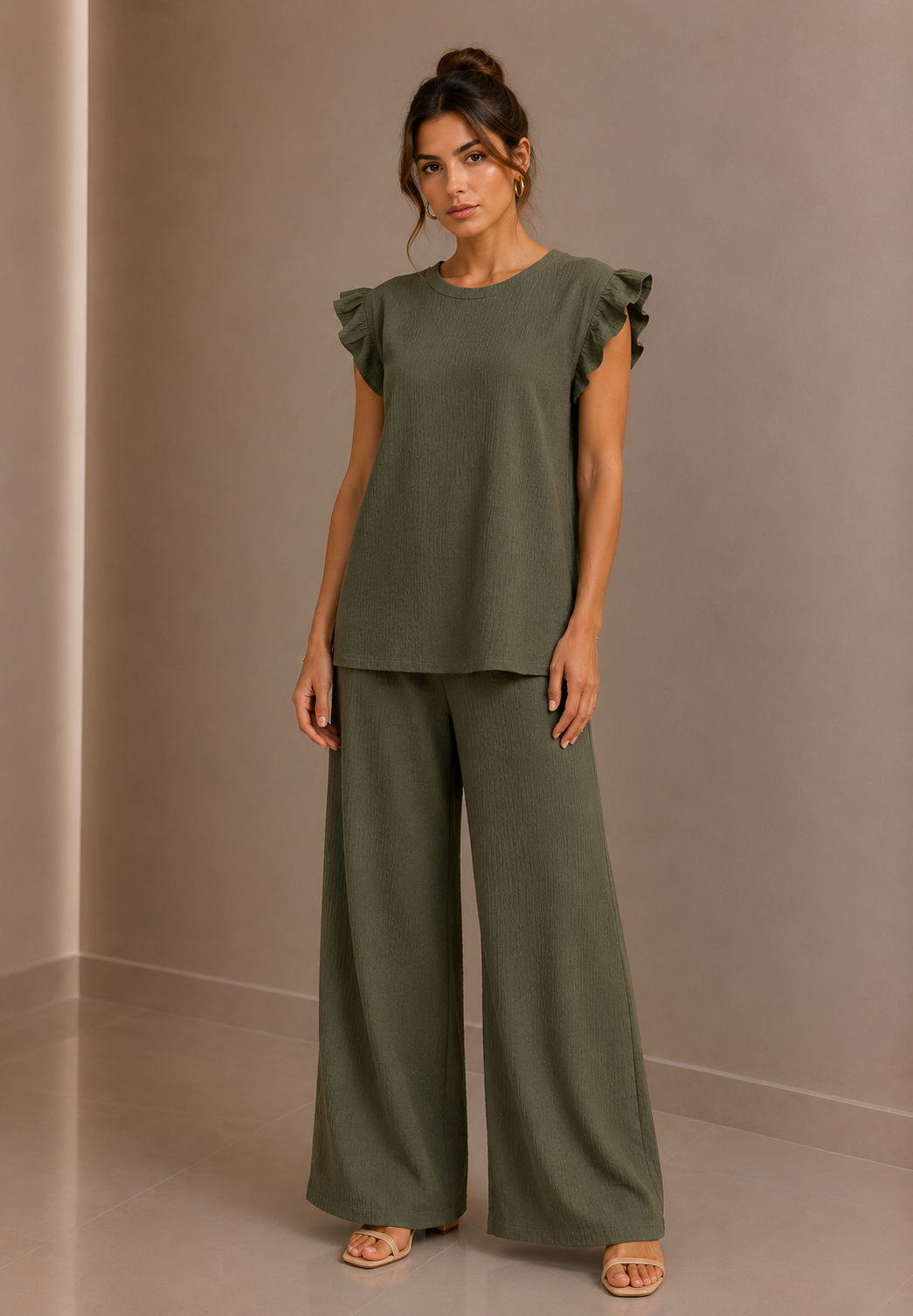 Khaki Green Textured Frill Sleeve Co-Ord Set Wide Leg Trousers Two Piece Outfit